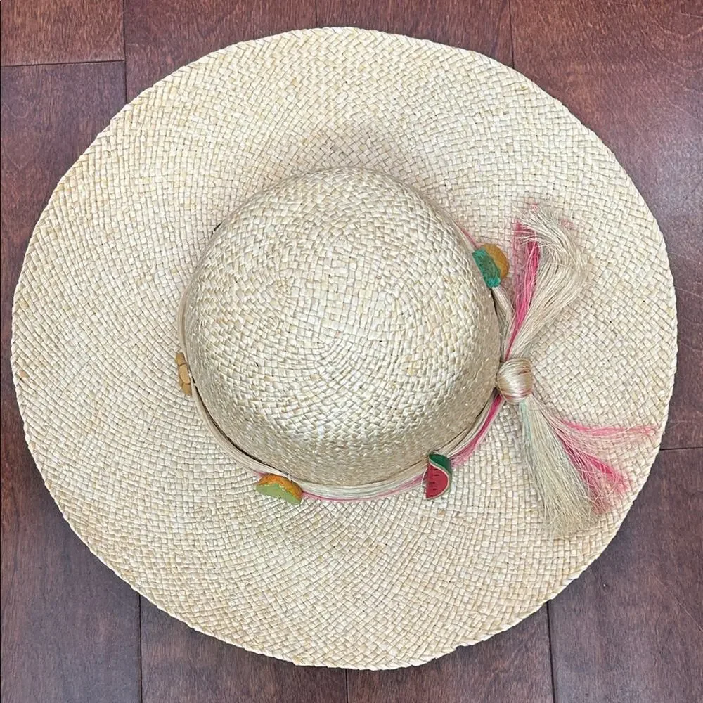Woven Straw Hat with Fruit Details, Wide Brim Perfect for a Hot Day at the Beach